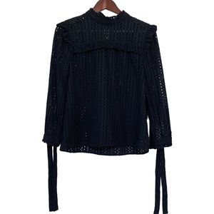 Madewell Black Eyelet Mockneck Ruffle Top Size Small